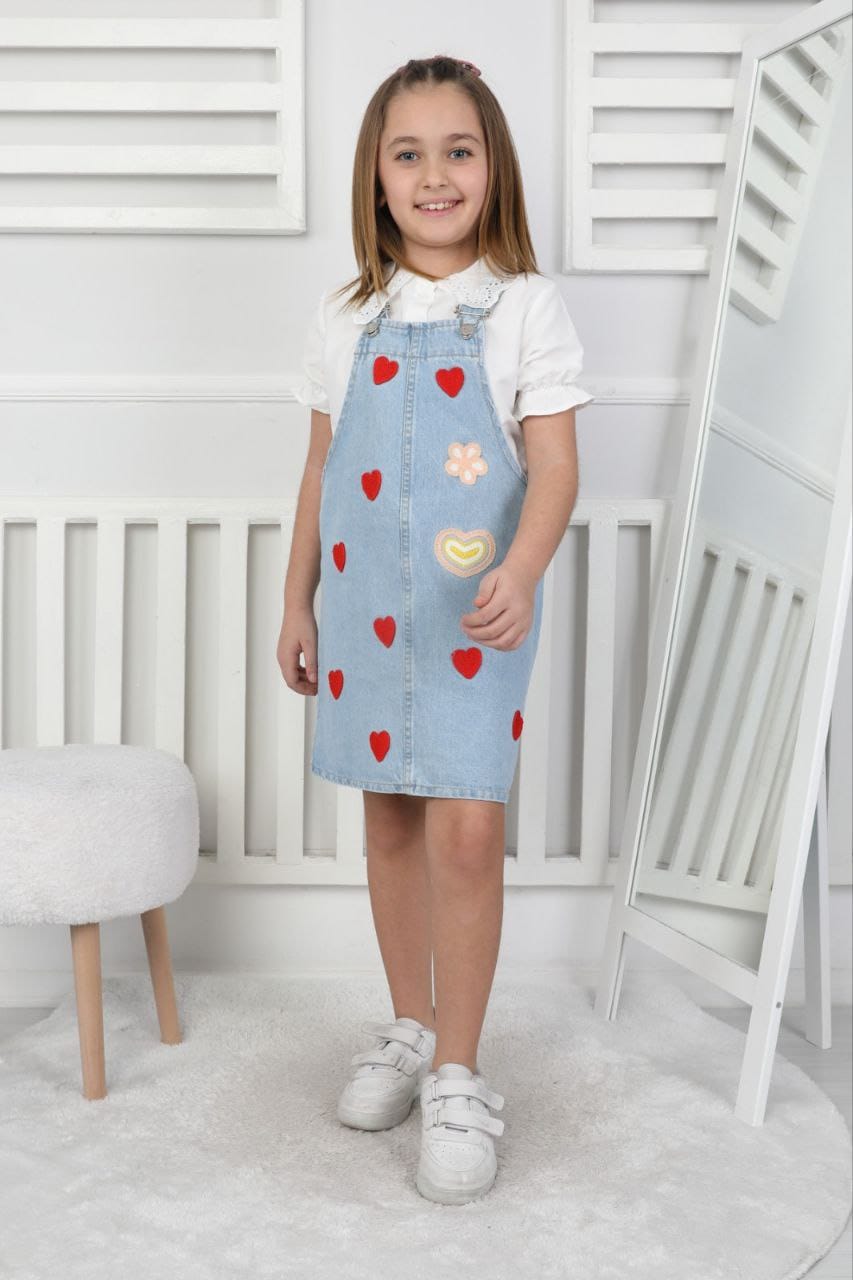  Kalp Desenli Çocuk Kot Jile Elbise